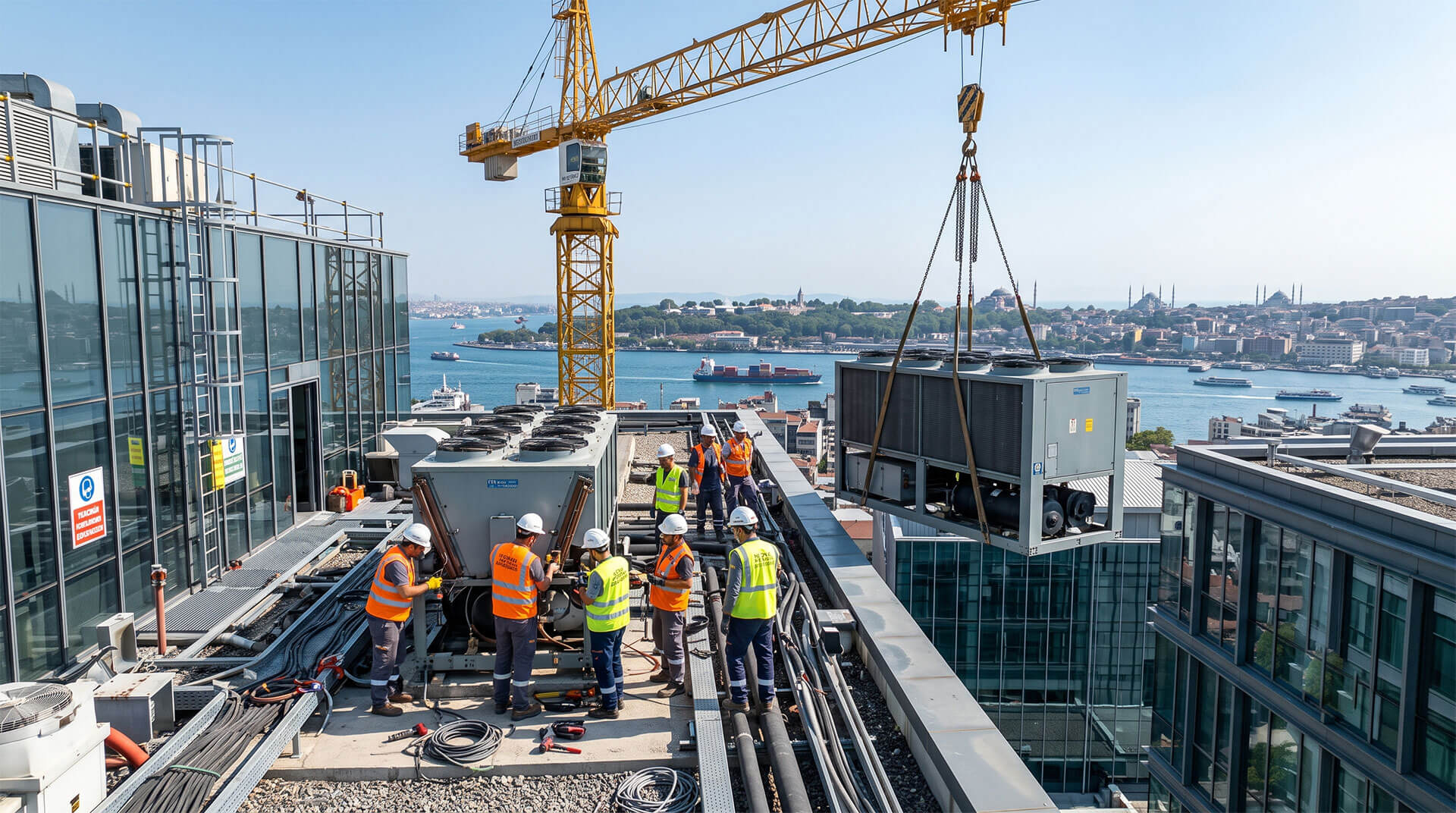 Çatı katında ağır tonajlı chiller soğutma grubu ve endüstriyel VRF klima sökümü yapan kurumsal hurdacı vinç ekibi